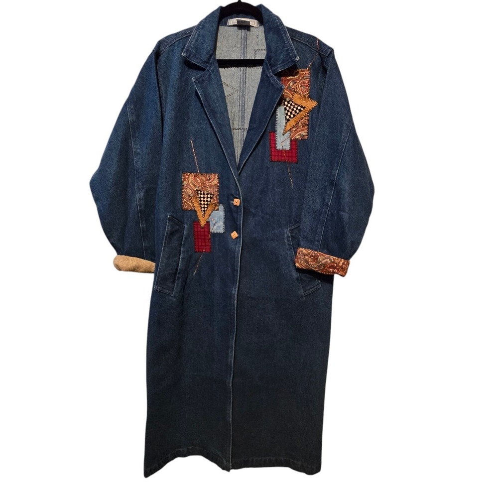 VTG Long Denim Coat Jacket Womens XSM Embellished Artsy Art-to-wear Boho Cottage
